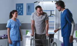 istockphoto-1324680518-612x612 Female and male therapist helping adult patient on wheelchair to stroll with walking frame during rehabilitation session in clinic